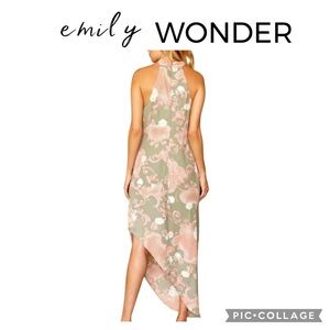 Emily Wonder green pink asymmetrical halter sheath maxi dress size small NWT